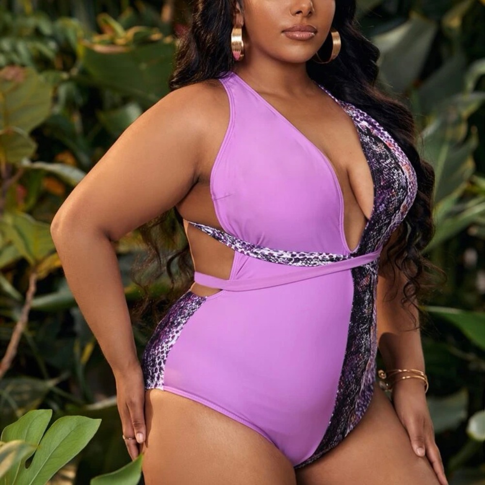 Plus Plain & Snakeskin Criss Cross One Piece Swimsuit